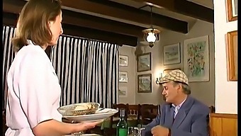 A French Brunette Enjoys A Threesome In A Restaurant Under The Watchful Eye Of Papy Voyeur